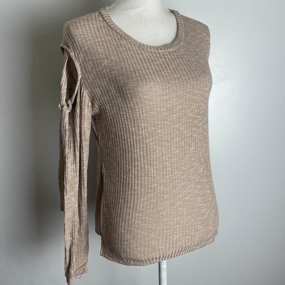 Shelly Beige Open Cold Shoulder Long Sleeve Knit Blouse‎ Top Ribbed Small